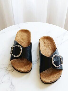 Black Buckle Slide Sandals